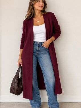 Express Long Open Front Cardigan Sweater Burgundy Wine Red Ribbed Duster Large
